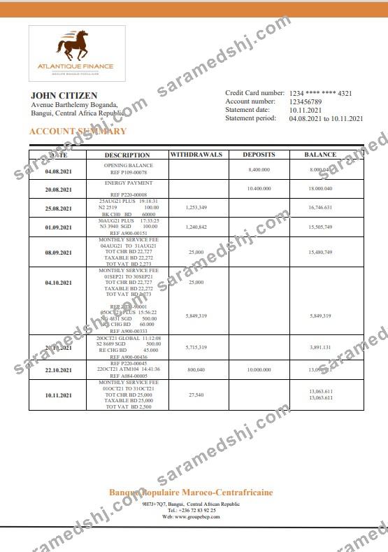 Central African Republic Banque Populaire Maroco Centrafricaine bank statement template in Word and PDF format